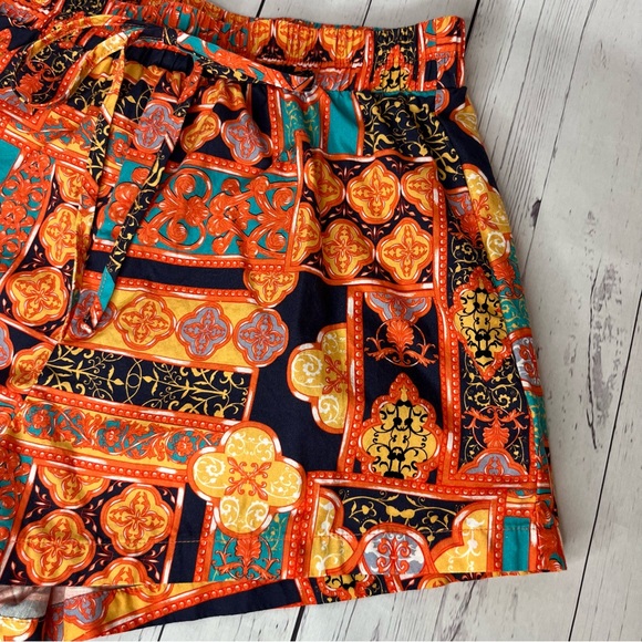 SHEIN Casual Print Shorts Women's Small Orange Multi print Elastic Tie Front - Picture 3 of 5